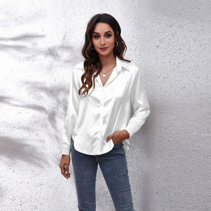 Autumn Women Solid Satin Shirt Long Sleeve Imitation Silk Loose Button Up Blouse Shirt Ladies Tops Fashion Clothing