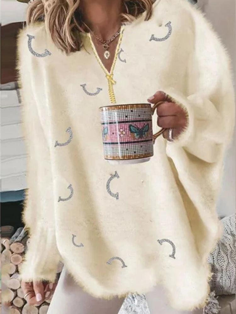 Women's V Neck Long Sleeve Sweater Casual Loose Fit Pullover Sexy Zipper Warm Knit Printed 2024 Fashion Trend for Women.