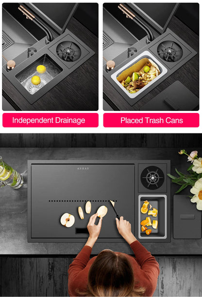 ASRAS Nanometer Hidden Flip Cover kitchen Island Sink 4mm Thickness Handmade Cup Rinser And Trash Can Kitchen Sinks