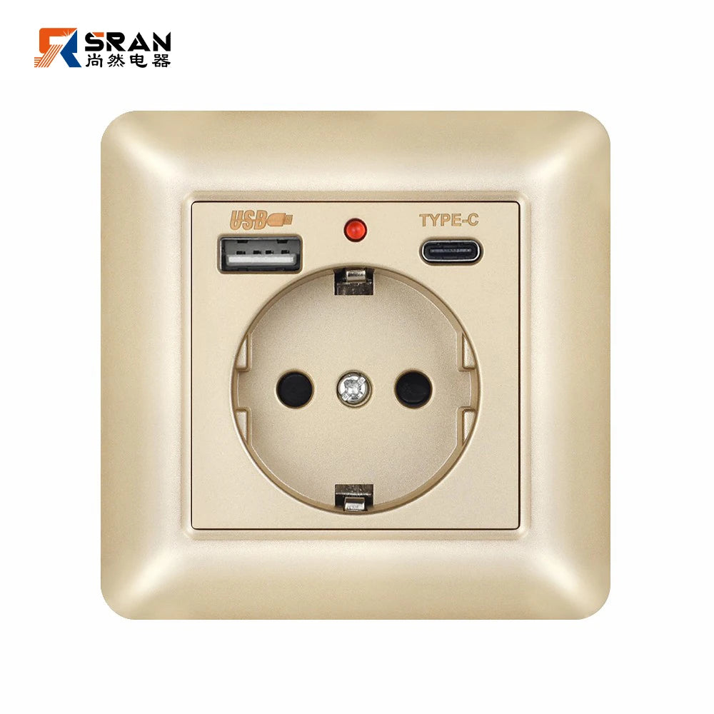 SRAN USB-Wandsteckdose, 20 W, schnelles Laden und 5 V, 2 A, EU-Standard, 82 x 82 mm, flammhemmendes PC-Panel, USB-Typ-C-Kombination.