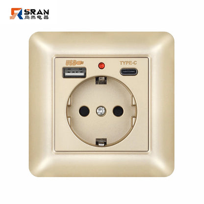 SRAN USB-Wandsteckdose, 20 W, schnelles Laden und 5 V, 2 A, EU-Standard, 82 x 82 mm, flammhemmendes PC-Panel, USB-Typ-C-Kombination.