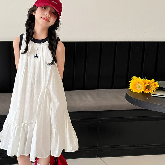 Neues Sommer-Mädchen-Prinzessinnenkleid für Kinder, ärmelloses Kleid mit Rüschen, Design-Kleider für Teenager, Kinder, lässiges Urlaubs-Strandkleid