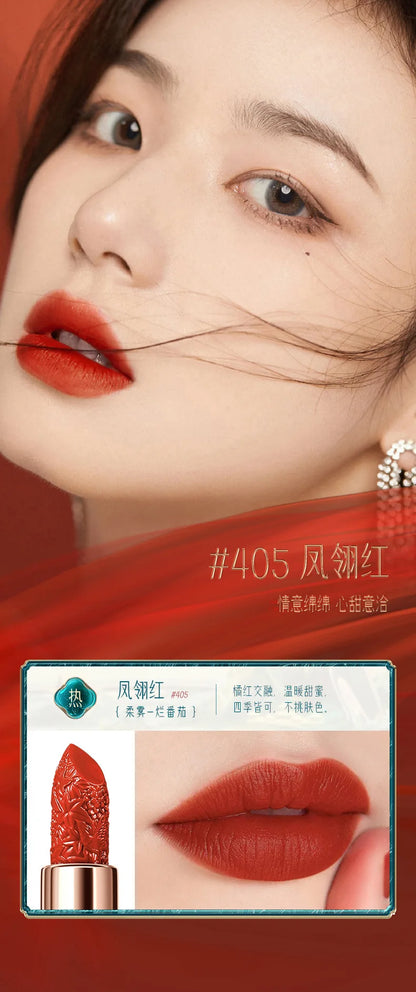 Chinoiserie Carving Lipstick Waterproof Long Lasting Women Velvet Lip Glaze Sexy Women Lip Tint Mud Cosmetics For Gifts.