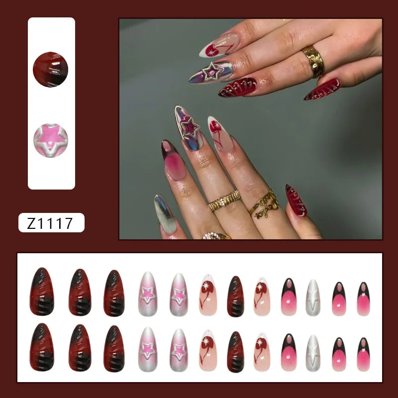 24pcs Red Star Print Fake Nails Sweet Cool Short Almond Press on Nail for Women Wearable Detachable Ins Spice Girl False Nails