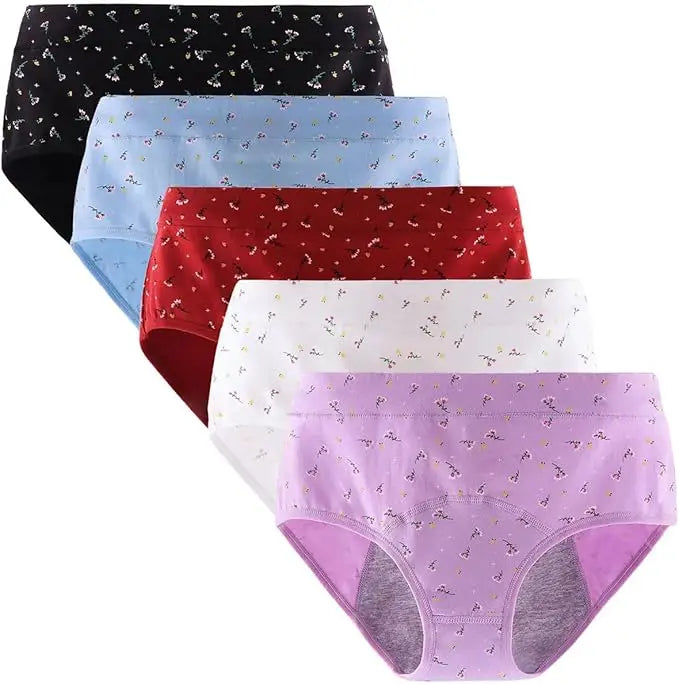 5pcs Women Period Pants Mid-High Waist Postpartum Underwear Leakproof Menstrual Cotton Knickers.