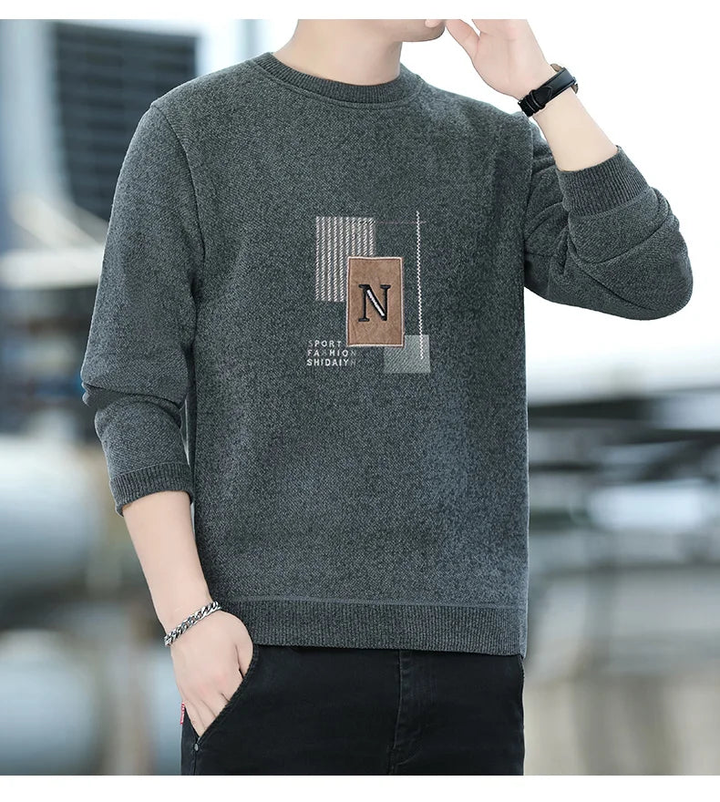 Men's Sweater Patckwork Round Neck Pullovers Fleece Lined Thick Warm Winter Knitwear Fashion Jumpers Men's Clothes.