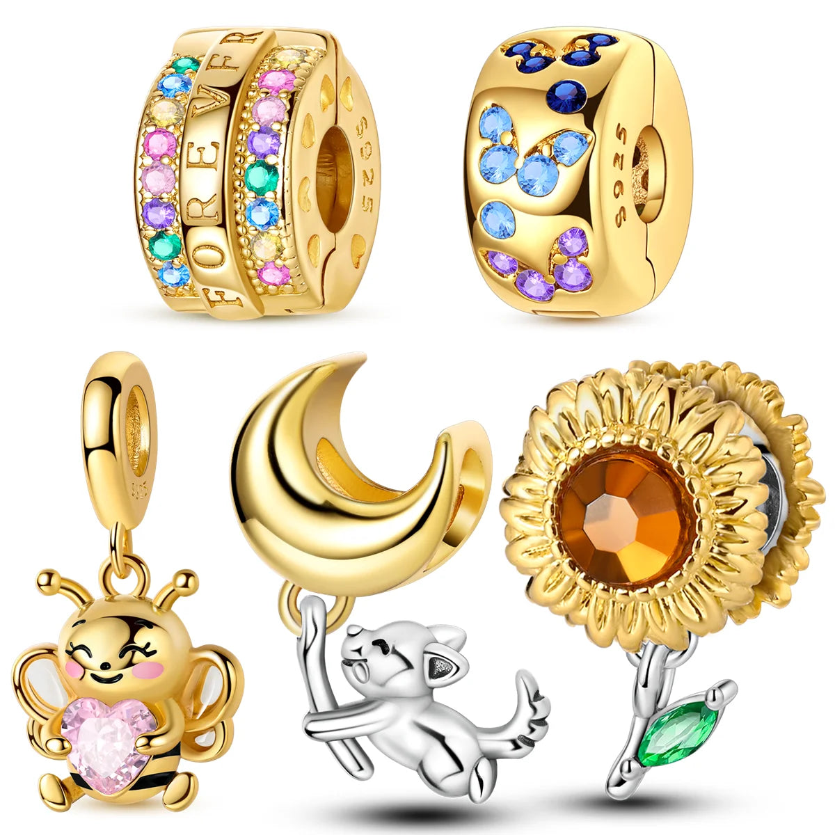 Gold Series DIY Charms Bead Original 925 Sterling Silver Inlaid Zirconium Sun Leopard Pendants Fit Bracelet Jewelry Gift Marking.