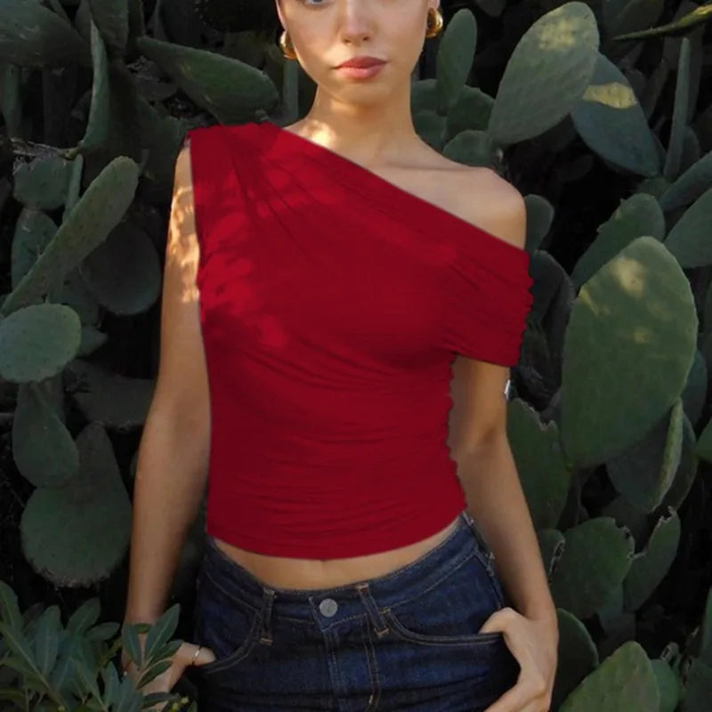 Talenza Sexy One Shoulder Tops Womens Summer Fashion Hot Girls Backless Pleated Slim T-Shirt Casual Office Lady Party Tops Women.