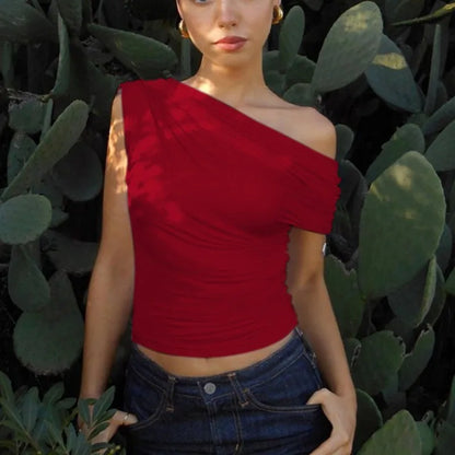Talenza Sexy One Shoulder Tops Womens Summer Fashion Hot Girls Backless Pleated Slim T-Shirt Casual Office Lady Party Tops Women.