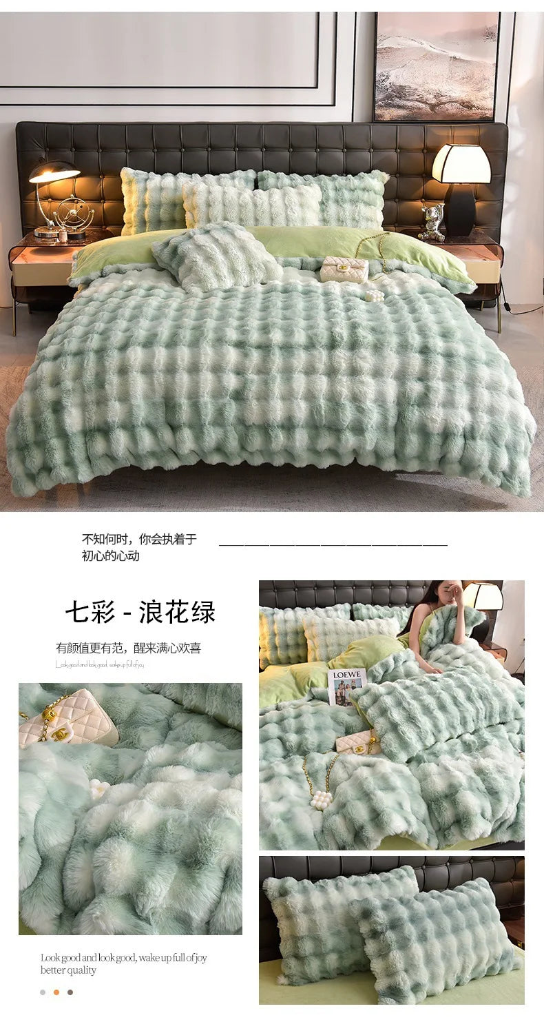 2024 new light luxury rabbit velvet four-piece set thickened warm milk velvet rabbit hair tie-dye bed sheet quilt cover