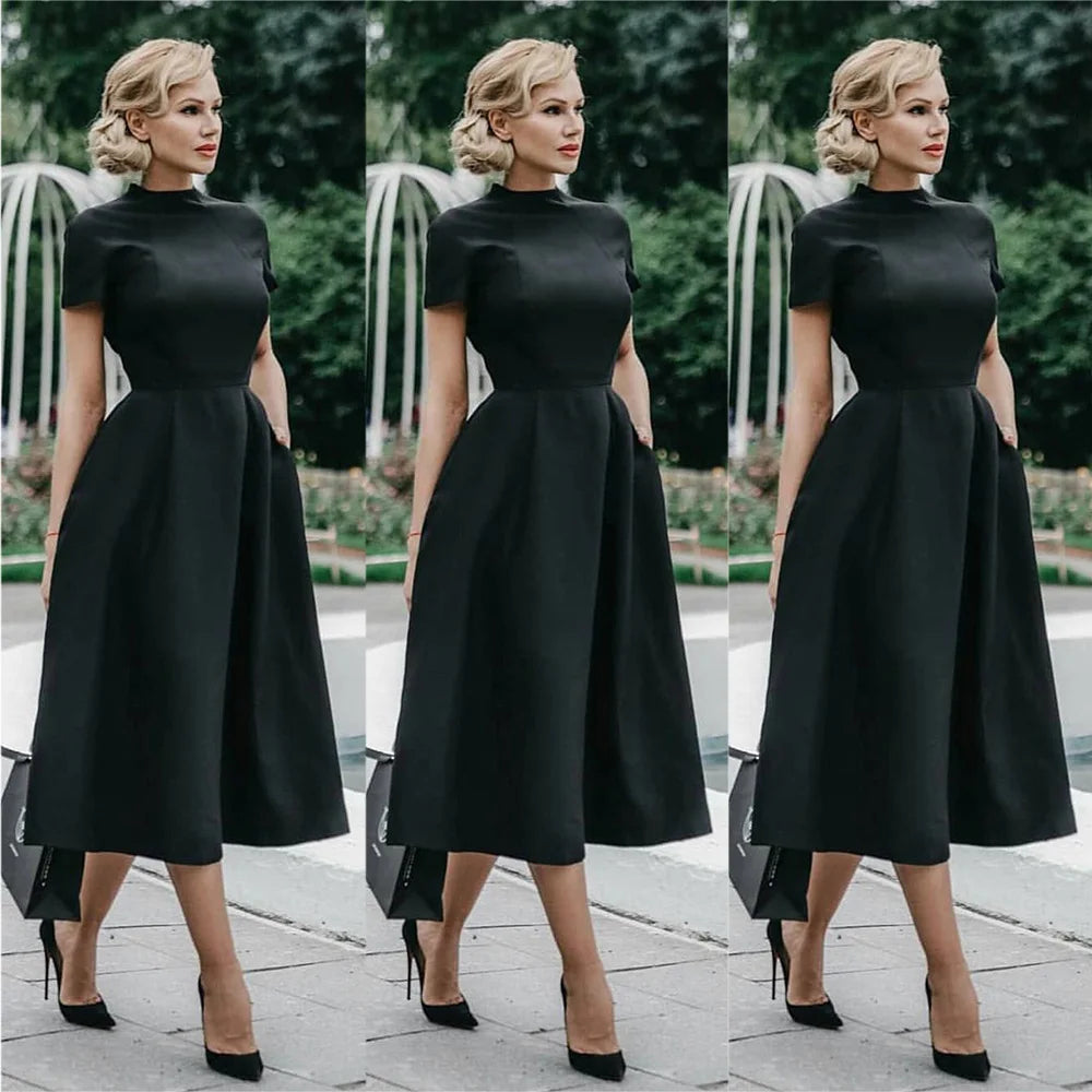 2022 frauen Elegante Schwarz Kleid der Halben Hohe Kragen Hohe Taille A-linie Kleider Slim Fit Midi Kleid Büro Dame Weibliche Feste vestidos.