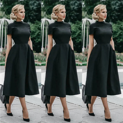 2022 frauen Elegante Schwarz Kleid der Halben Hohe Kragen Hohe Taille A-linie Kleider Slim Fit Midi Kleid Büro Dame Weibliche Feste vestidos.