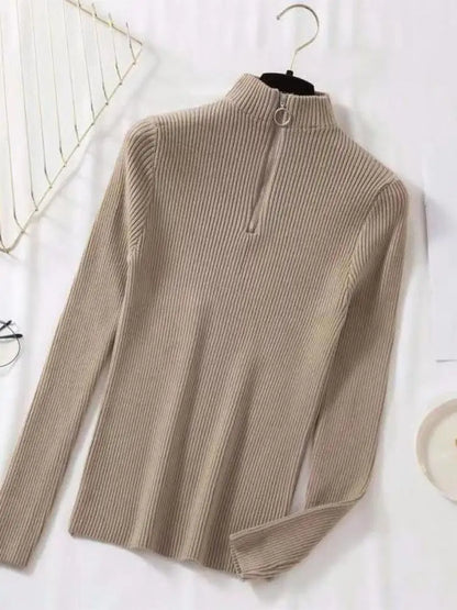 Frauen Fashion Solid Strick Pullover Vintage Langarm Zip-up Grundlegende Hälfte Rollkragenpullover Weibliche Pullover Chic Casual Tops