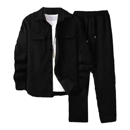 Long-sleeved Jacket Trousers Set Versatile Sportswear Outfit Men's Lapel Long Sleeve Sportwear Set with Flap for Athletes.