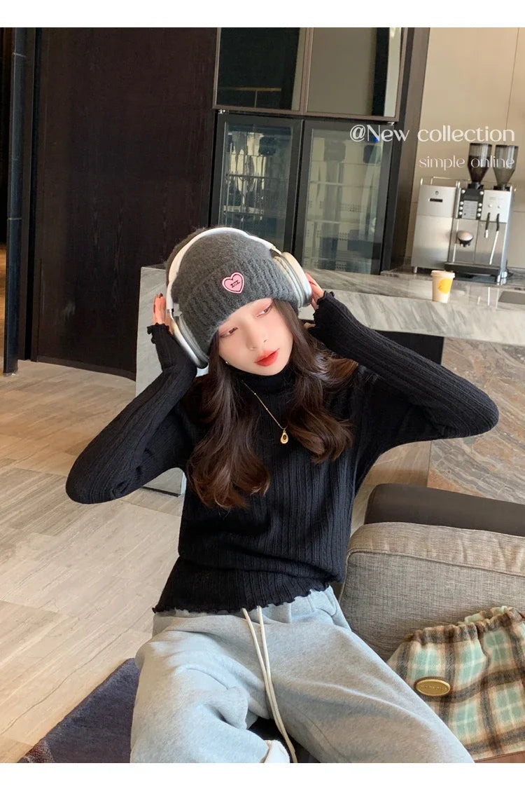 2025 Korea Geraffte Rollkragen Frauen Pullover Herbst Winter Warme Pullover Schlank Tops Gestrickte Pullover Jumper Weiche Pull Weibliche.