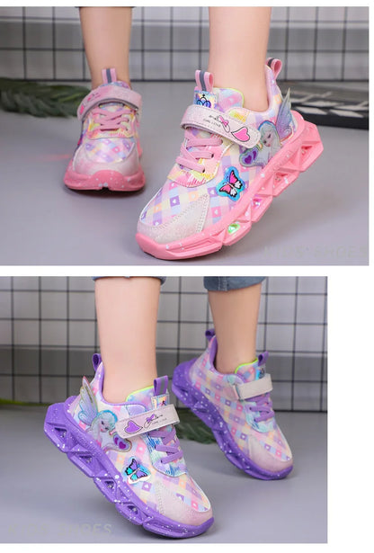 Disney Children's Sports Shoes Led Lights Sneaker Cartoon Frozen Princess  Elsa PU Leather Girls' Pink Children's Running Shoes.