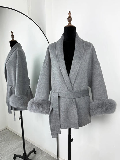 TARUXY Fuchspelz-Wollmäntel für Damen, kurzer Mantel, Bürodame, abnehmbarer, eleganter doppelseitiger Wollmantel, 2025, neue Strickjacke.
