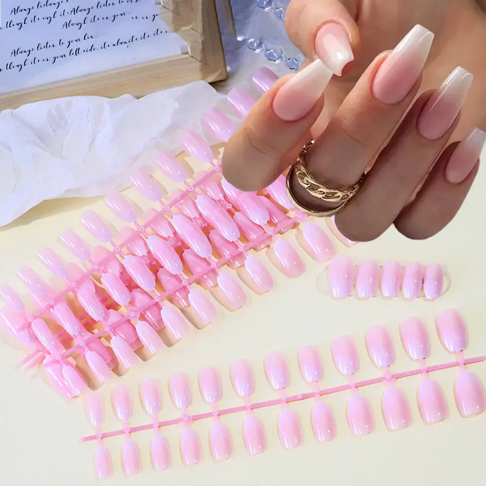 120pcs Pink Ombre Medium Coffin Press On Nails Glossy Handmade Acrylic Fake Nails Tips Gradient Design Artificial False Nails.