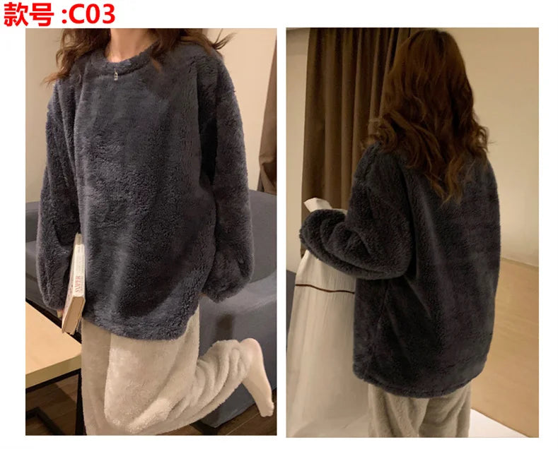 Winter Fleece Women Pajamas Set  Sleepwear Solid Velvet 2 Piece Pant Home Suit Fluffy Casual Warm Flannel Night Wear