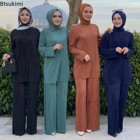 Women Casual Vintage Muslim Sets Ramadan Abaya Hijab Turkey Dubai Kaftan Prayer Dress Wide Leg Pants 2 PCS Sets Islamic Clothing.