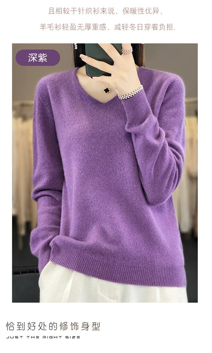 Women 100% Merino Wool Sweater V-Neck Basic Pullover Autumn Winter Cashmere Clothing Long Sleeve Soft Knitwear Tops Solid Color