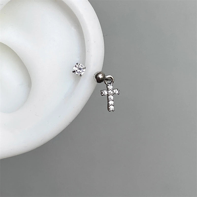 1PCS Pink Zircon Cross 316L Stainless Steel Annular Ear Bone Nail New Fashion U-shaped Earrings for Women Y2K Punk Jewelry.