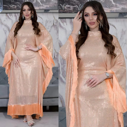 Ramadan Eid Tassel Sequin Batwing Abaya Dubai Women Islam Muslim Maxi Kaftan Dresses Kebaya Caftan Marocain Robe Femme Musulmane.
