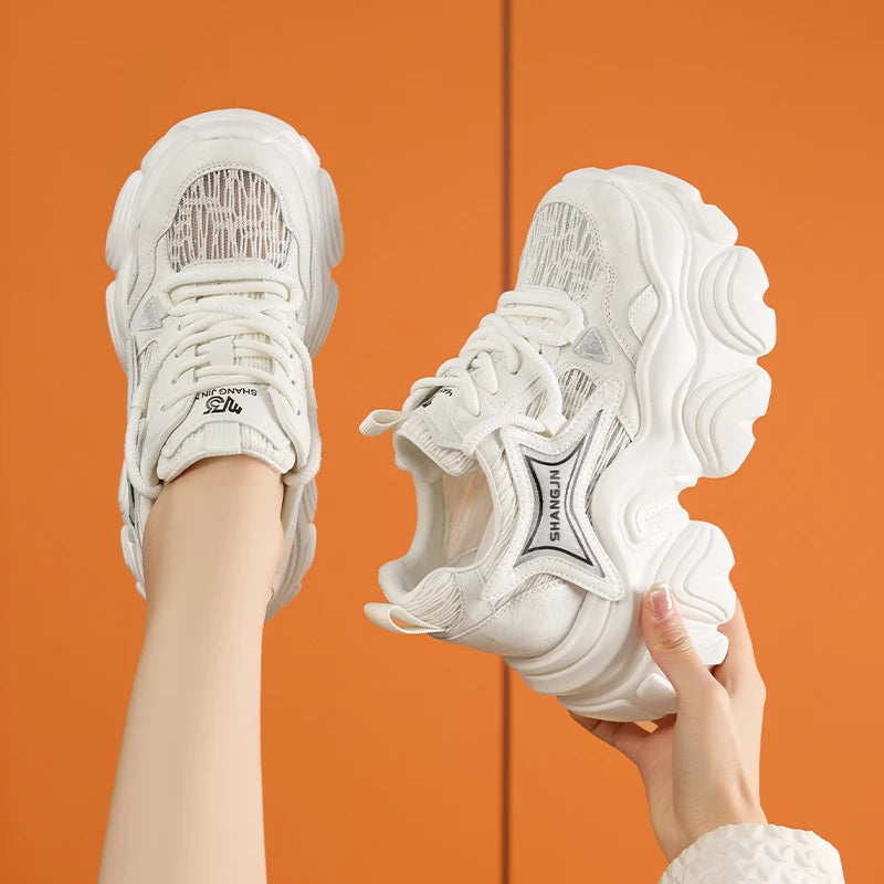 AUTUSPIN 10cm Pink Thick Soled Shoes for Summer Women Breathable Lace-up Ladies Sneakers Outdoor Casual Fashion Platform Shoes.