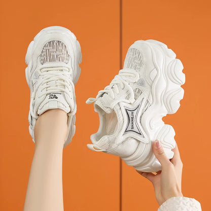 AUTUSPIN 10cm Pink Thick Soled Shoes for Summer Women Breathable Lace-up Ladies Sneakers Outdoor Casual Fashion Platform Shoes.