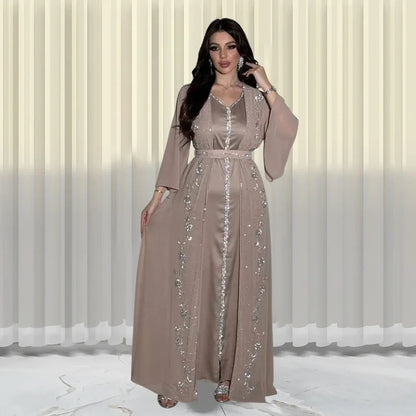 Autumn Fashion Muslim Dresses for Women Muslim Long Sleeve V-neck Party Evening Long Abay Dress Suit Inner and Abaya Outfits