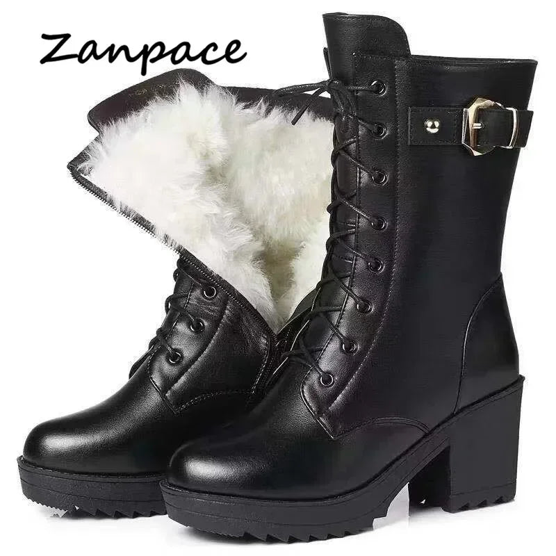 2025 Winter Leather Women Winter Boots Thick Wool Warm Women High-heeled Genuine Boot High-quality Female Snow Boots Women Shoes.
