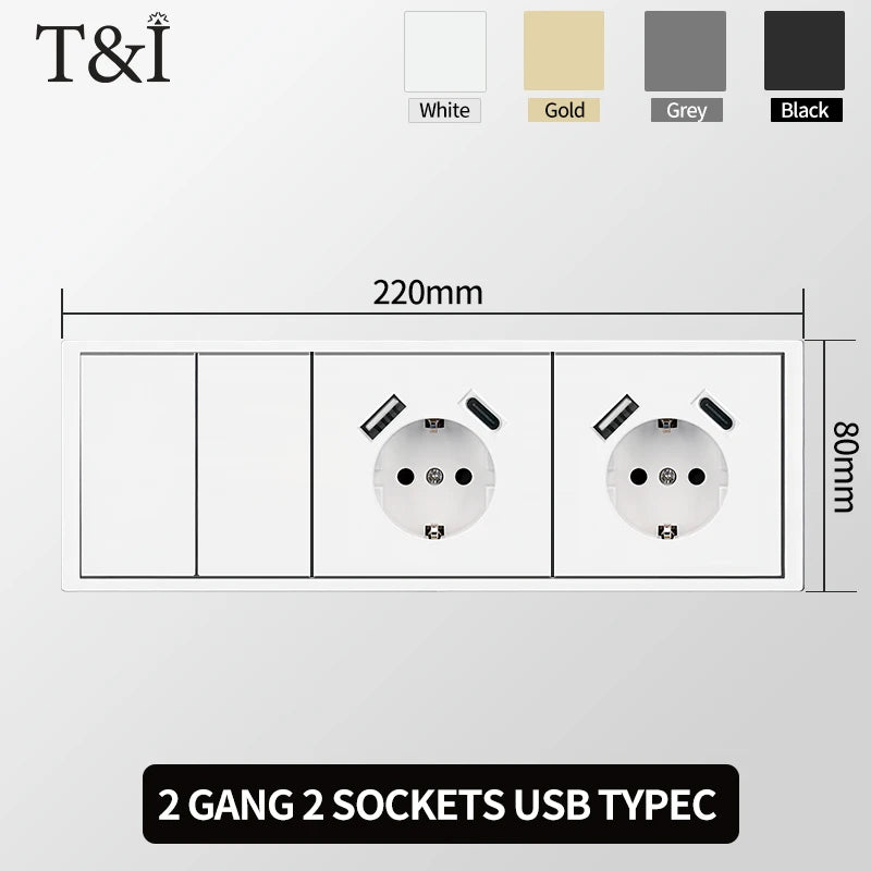 Europäische Wandsteckdose, EU-Steckdose, USB-Typ-C-Ladeanschlüsse, 1/2-Gang-Lichtschalter, 16 A 250 V, Unterputzmontage, weißes Panel, 80 x 80 mm.