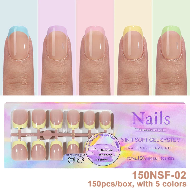 150Pcs/Box Acrylic Press on Nails Full Cover Fake False Tips Soft Gel Extension T-shaped Oval Capsule Almond Sculpted Salon DIY.