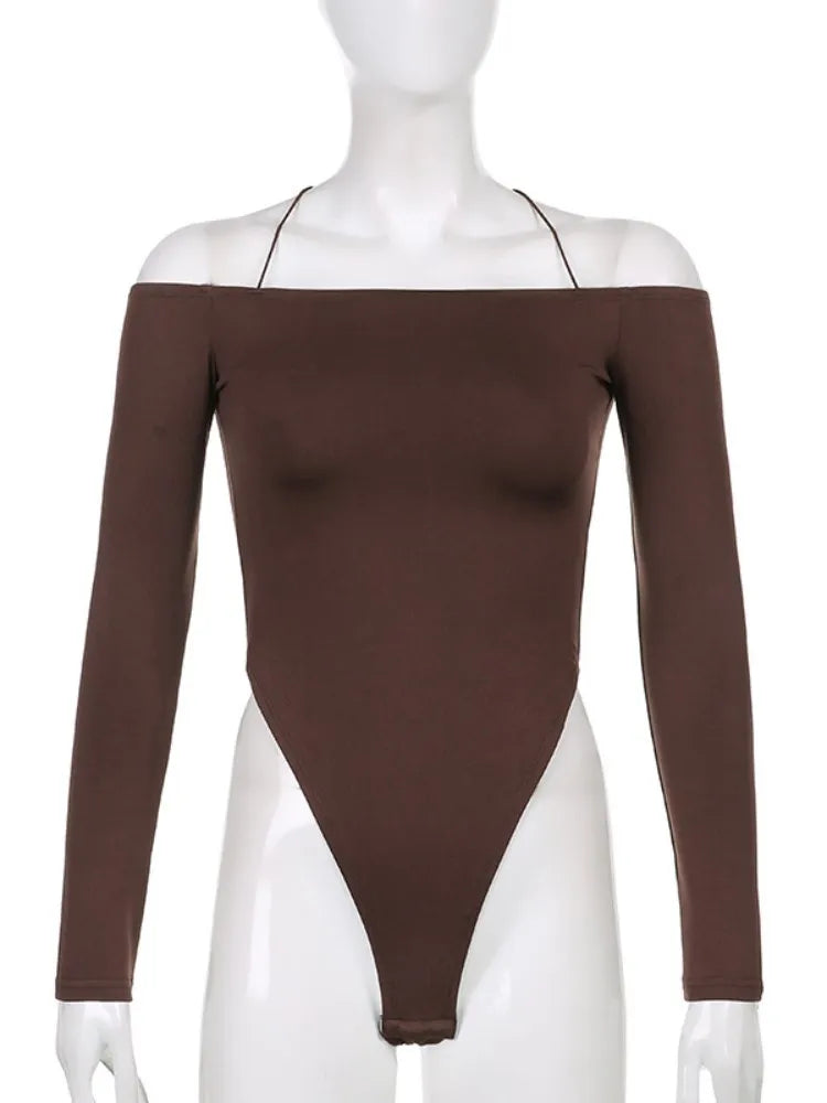 Sexy Bodysuit Y2K Long Sleeve Off Shoulder Strap Suspenders Backless Jumpsuits Party Clubwear Bodycon Casual Body Tops Women.