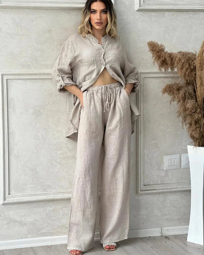 Spring Autumn Two Piece Sets 2024 Women Casual Long Sleeve Pocket Shirts 2 Piece Set Fashion Loose Wide Leg Pants Suit Outfites.