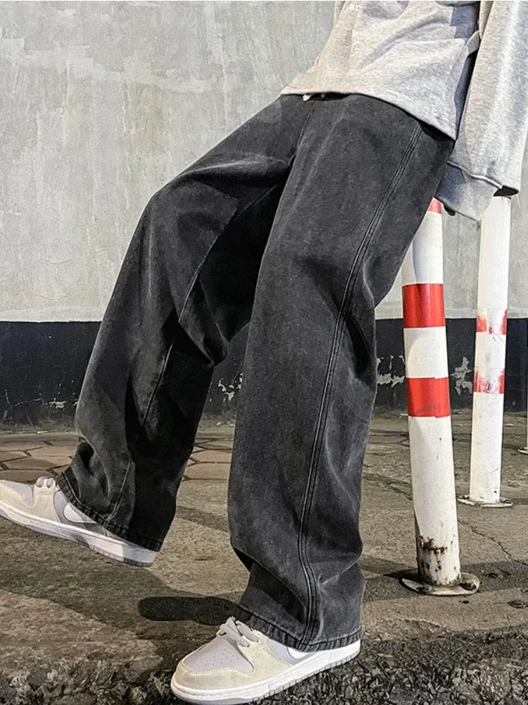 2024 New Men's Jeans Korean Casual Pants High Street Straight Student Loose Wide Black Grey Blue Baggy Denim Pants.