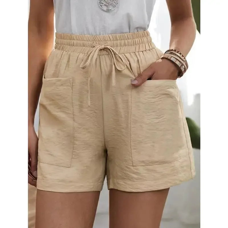 Women's High-waisted Loose-fit Solid Color Casual Shorts Pocket Bell Bottoms.