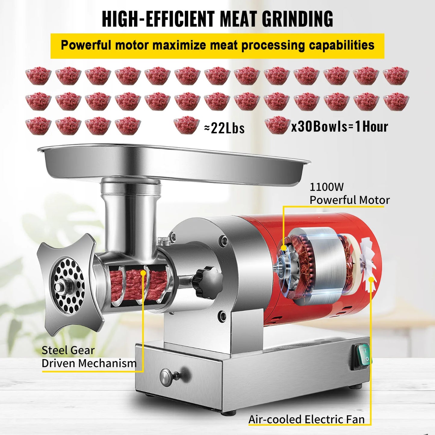SucceBuy Electric Meat Grinder, 661 Lbs/Hour 1100 W Meat Grinder Machine 1.5 HP Electric Meat Mincer with 2 Grinding Plates,.