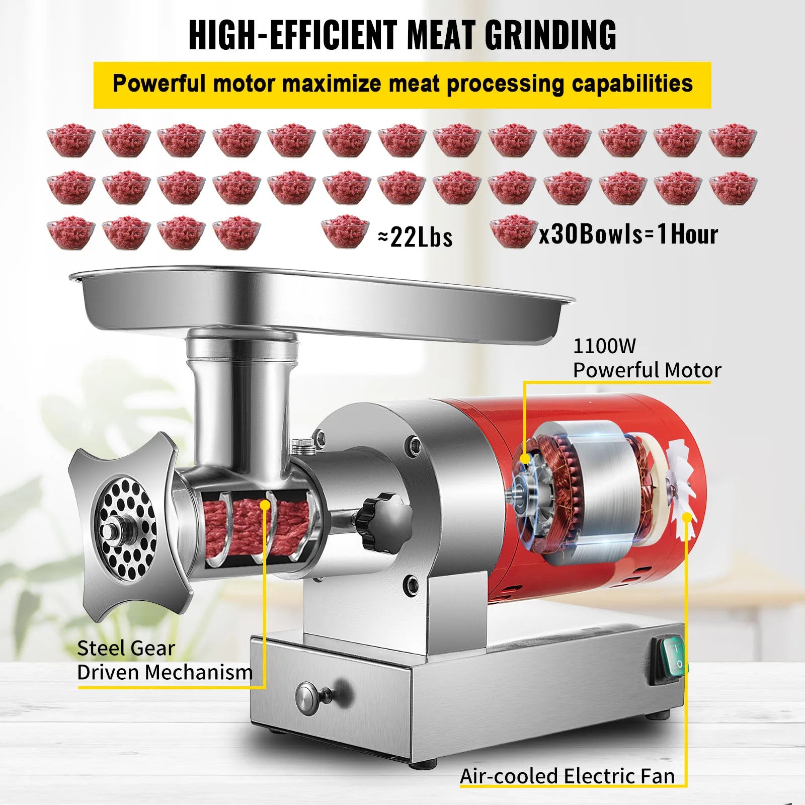 SucceBuy Electric Meat Grinder, 661 Lbs/Hour 1100 W Meat Grinder Machine 1.5 HP Electric Meat Mincer with 2 Grinding Plates,.