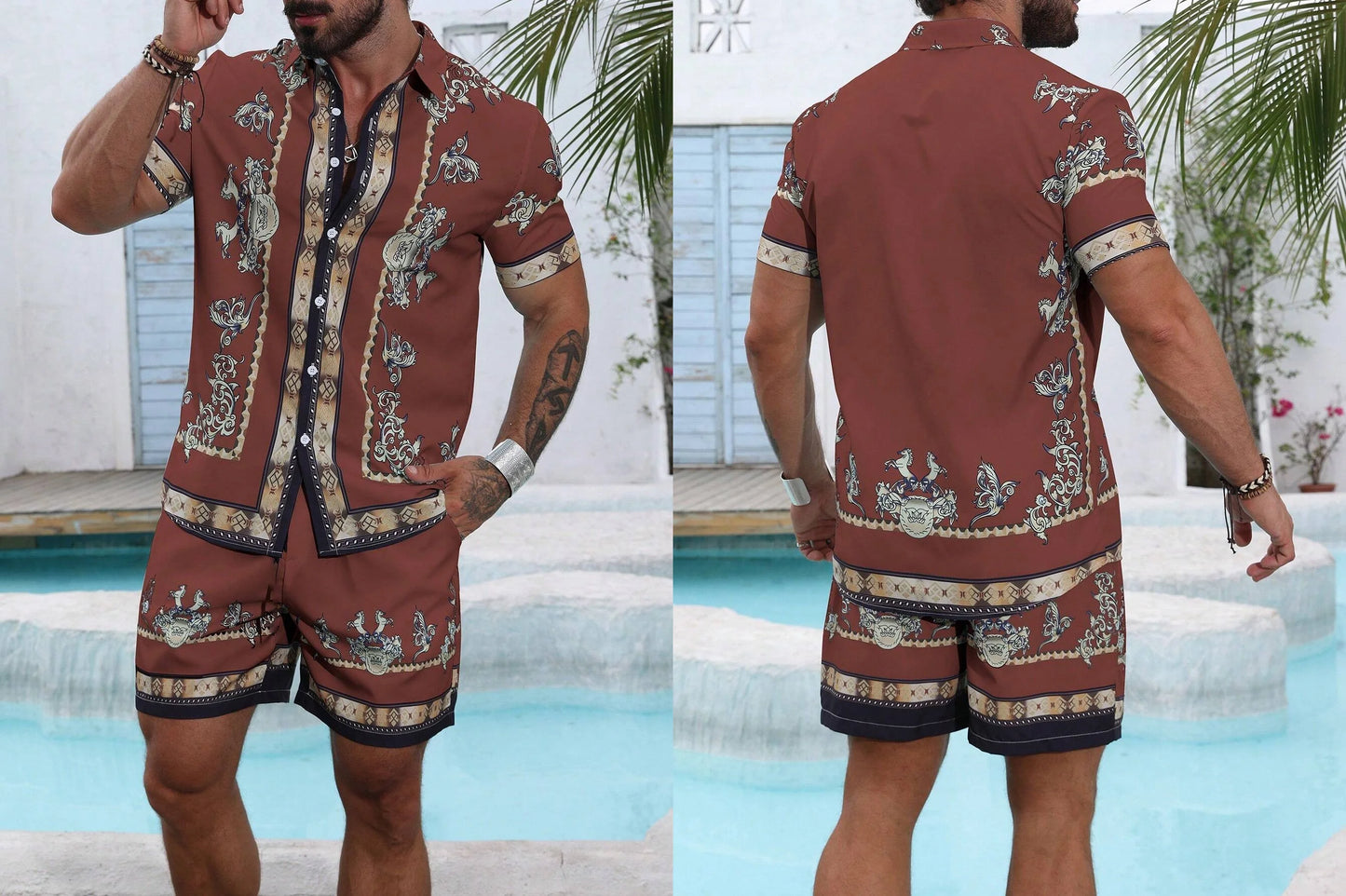 Baroque Luxury Printed Men's Shirt Shorts 2 Piece Set Summer Casual Shirt Hawaiian Beach Short-sleeved Men's Suits Clothing.