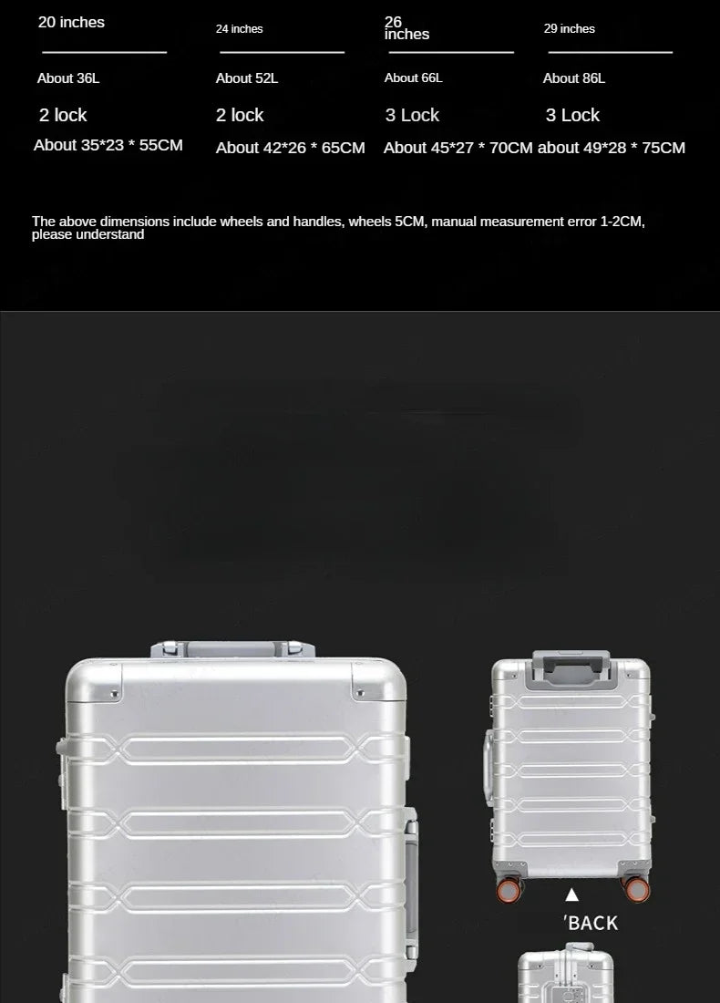 TravelTrolley-Gepäck, 20 Zoll, Handgepäck, Kabinenkoffer, Reisetaschen, Rollgepäck, Reisekoffer aus Aluminium-Magnesium-Legierung.