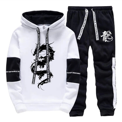 Men's Hooded Sweatshirt Sweatpants 2pcs Set Urban Casual Fashion Hoodie Outfits Dragon Printed Pullover Male Sporty Jogger Suit.