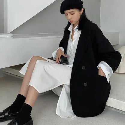 Neue 2025, Vintage Lose Frauen Solide Blazer Herbst Chic Zweireiher Weibliche Lange Hülse Anzug Jacken Stilvolle Damen Blazer