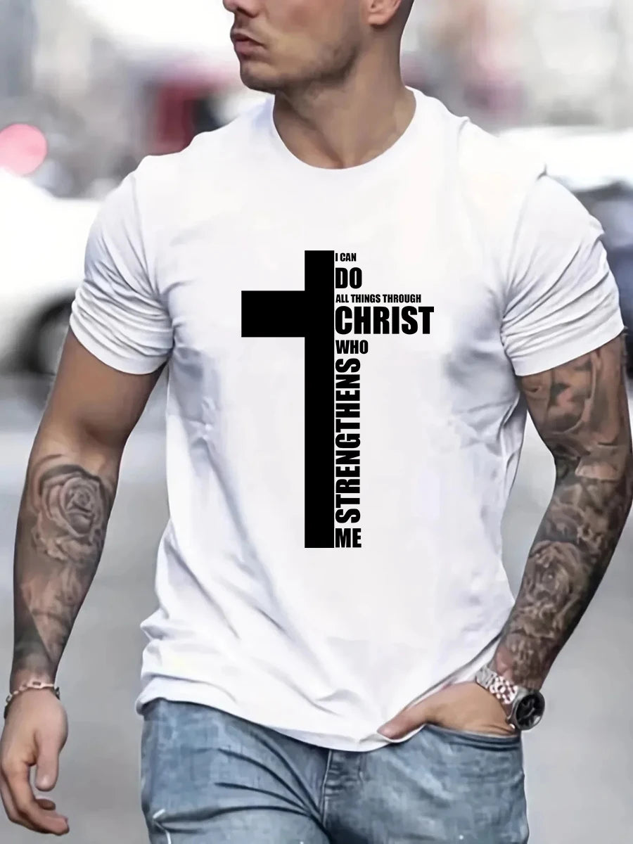 Men's Summer 100% Cotton Fashion Cross Graphic Printed Loose Large Casual Round Neck Short Sleeve T-shirt.