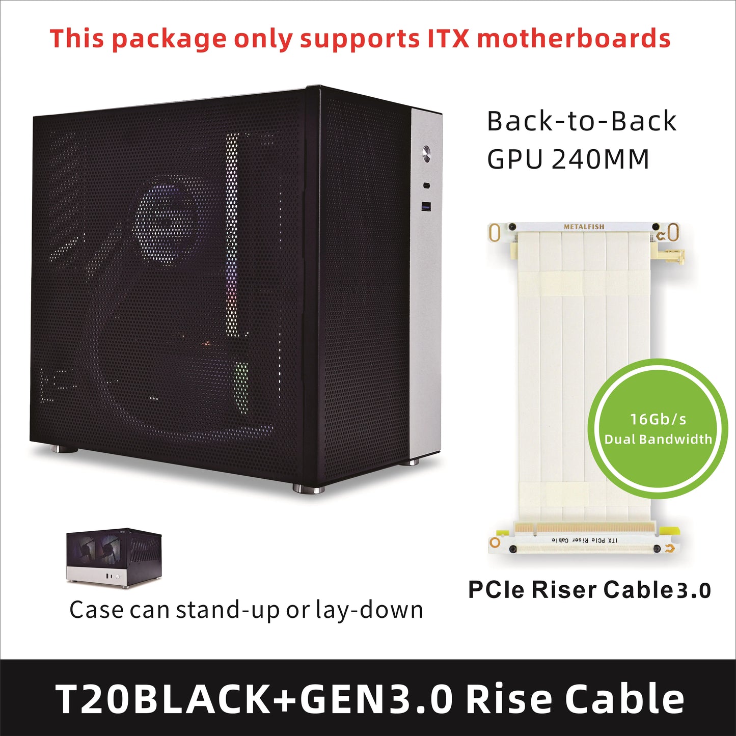 METALFISH T20 Mini ITX Case 9L Gaming Computer White Chassis Compact PC Support Flex PSU/100mm Cooler/180Liquid Cooler/240mm GPU.