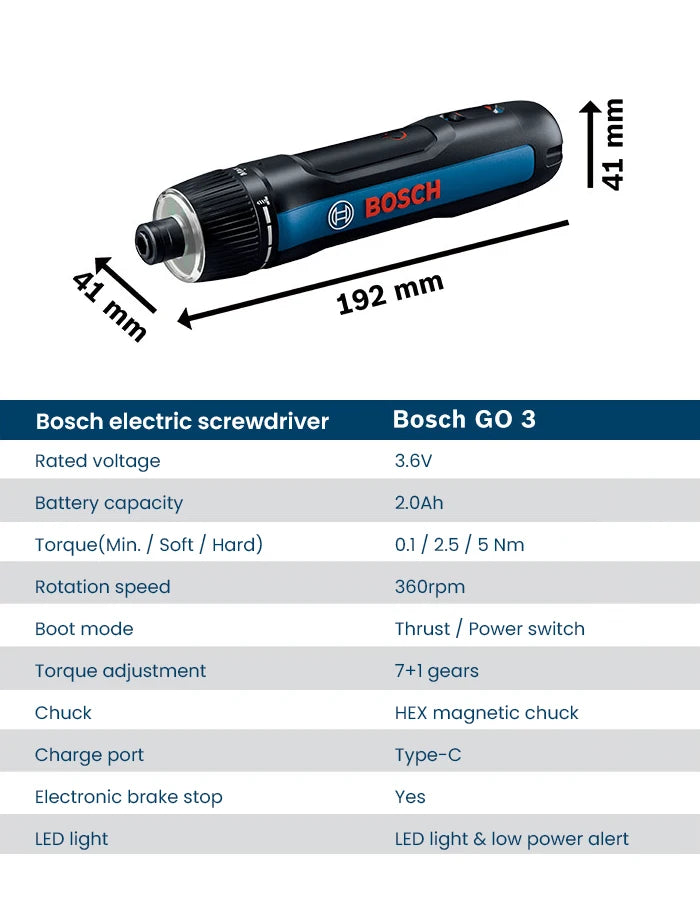 Bosch GO 3 Elektroschrauber-Set, 3,6 V, 5 Nm, kabellose Mini-Handbohrmaschine, wiederaufladbarer Schraubendreher, Bosch Multifunktions-Elektrowerkzeug