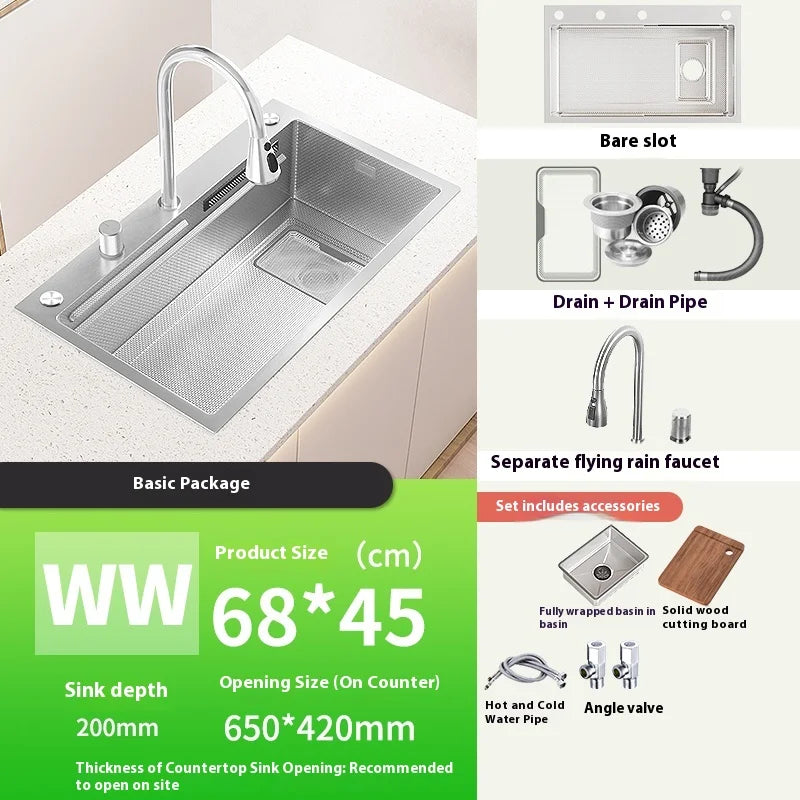 Silver 304 Stainless Steel Waterfall Kitchen Sink Multifunctional Scratch and Wear Resistant Large Single Slot Undermount Basin