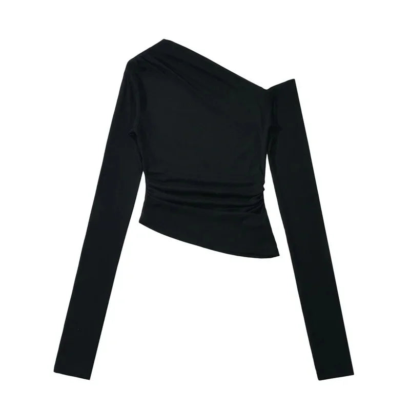 Slim Fit Long Sleeve T-Shirt Irregular Hem Slant Collar Pleated Pure Desirable Sexy Top for Women Fashionable Autumn New Style