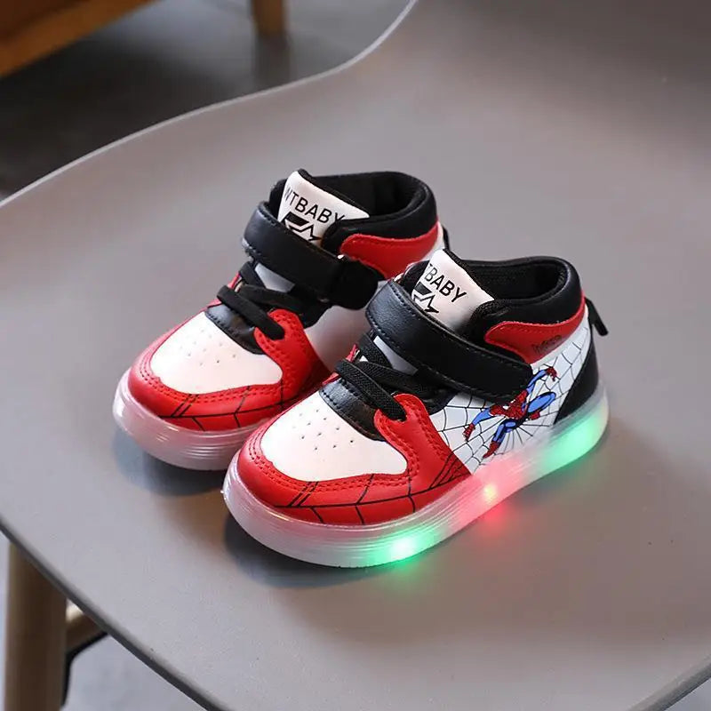 Disney Children's Sneakers Boys Girls Spiderman Led Light Sport Shoes Student Shoes Hook Anti-slip Kids Outdoor Basket Shoes.