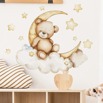 Cute Bear Moon Star Wall Stickers for Kids Rooms Girls Boys Baby Room Decoration Kawaii Cartoon Animal Nursery Wallpaper Vinyl.